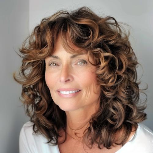 Curly Hairstyle for Women over 60 with Fringe Bangs