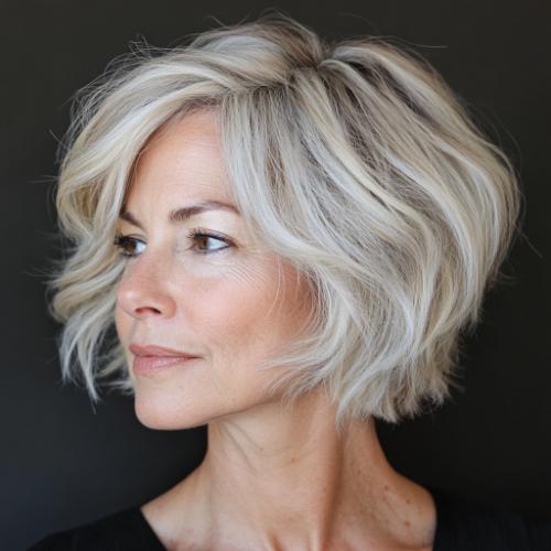 effortlessly tousled wavy bob short hair older woman