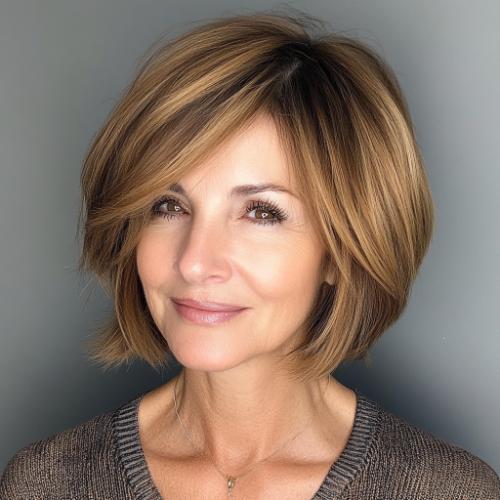 voluminous rounded bob short hairstyle older woman