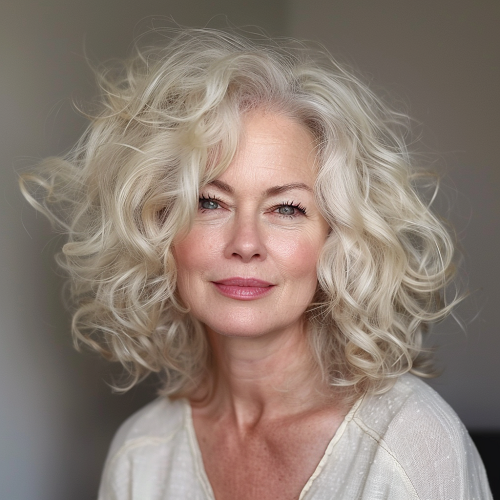 Curly neck-length blonde bob over 50