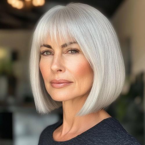 silver bob with delicate bangs short hairstyle older woman