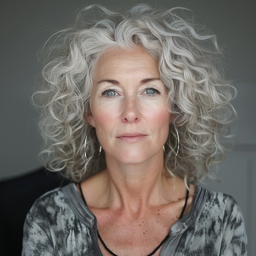 Curly silver voluminous hairstyle over 50