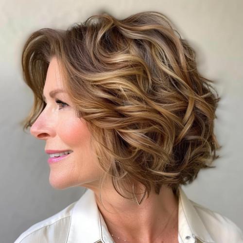 Cropped wavy layered hair older woman