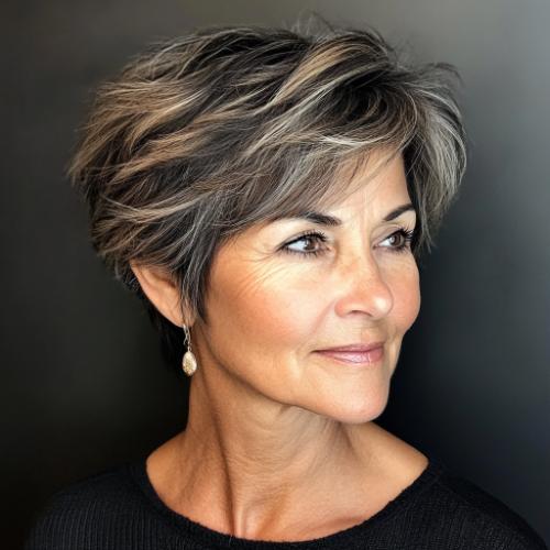 textured pixie bob short hair older woman