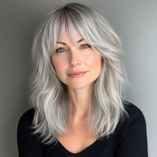 Silver Medium Hair with Layered Bangs