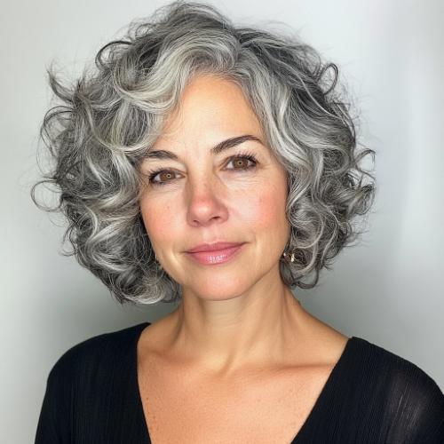 curly salt and pepper pixie bob short haircut older woman