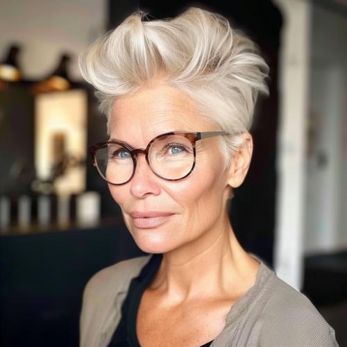 Brushed back pixie on older woman with glasses