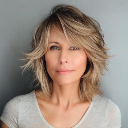 short textured layers with side-swept bangs short hair older woman