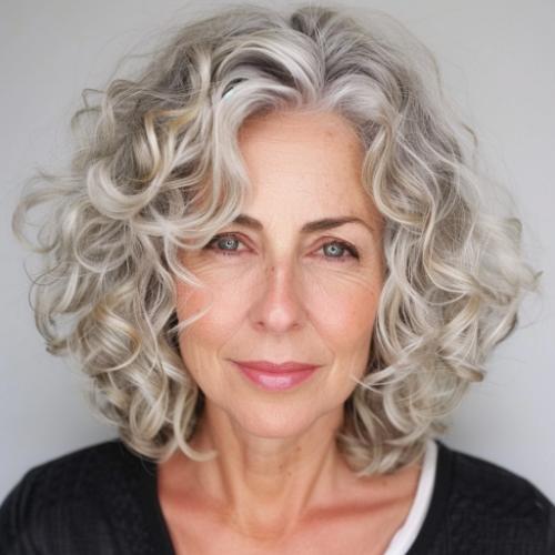 Platinum Bob Curly Hairstyle for Women over 60