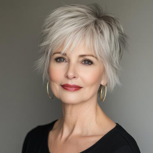 short tapered layers with playful fringe short hairstyle older woman