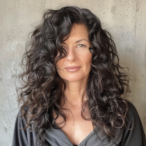 Curly long brunette locks with highlights over 50