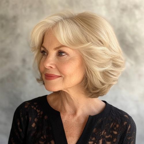 short soft feathered bob short haircut older woman