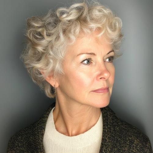 curly cropped short pixie short hairstyle older woman