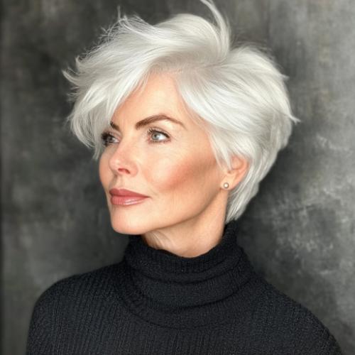 voluminous silver pixie short haircut older woman