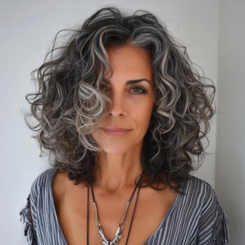 Salt and Pepper Curly Lob Hairstyle for Women over 60