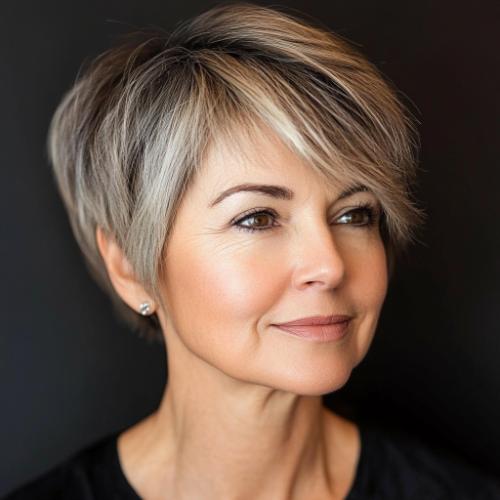 rounded pixie with subtle highlights short hairstyle older woman