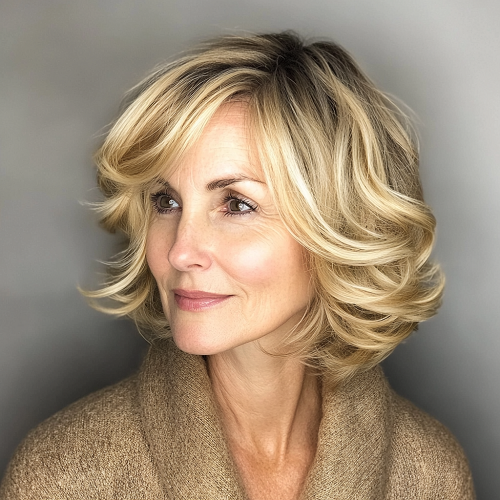 layered rounded bob with waves short haircut older woman