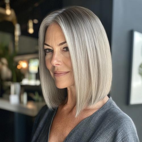 center parted straight bob short hairstyle older woman