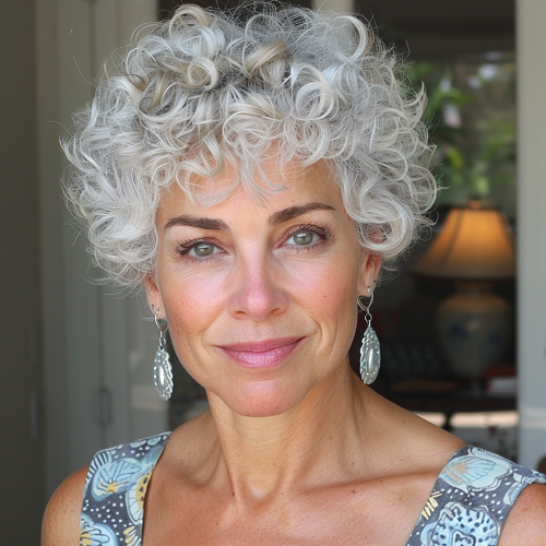 cropped platinum blonde curly hair over 50