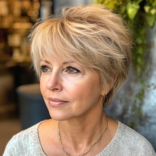 dynamic voluminous pixie short haircut older woman