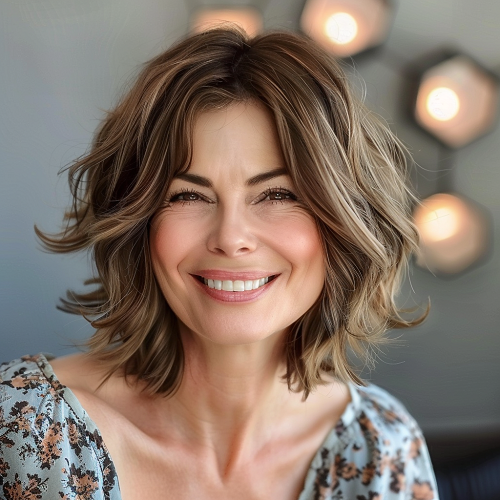 brown color tousled bob woman over 40