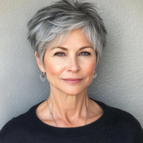 choppy salt and pepper pixie short hairstyle older woman