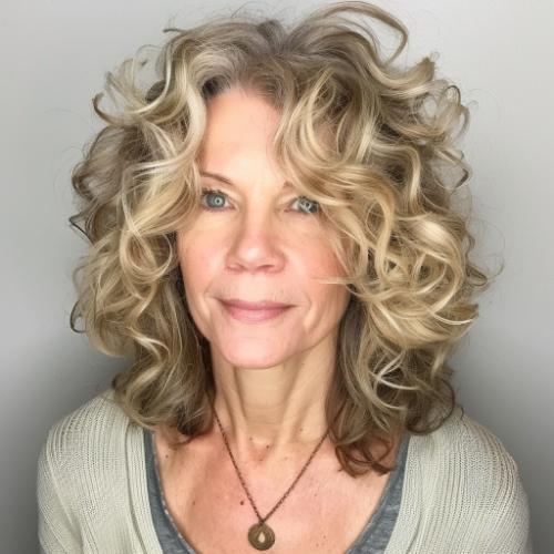 Layered Shoulder-Length Curly Hairstyle for Women over 60