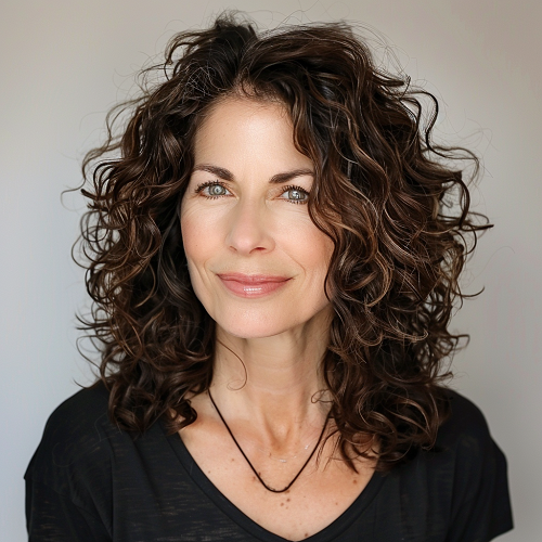 Shaggy curls brunette color over 50