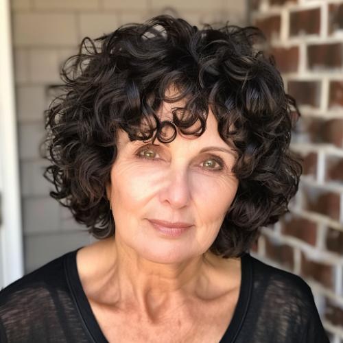 Cropped Curly Bob with Fringe for Women over 60