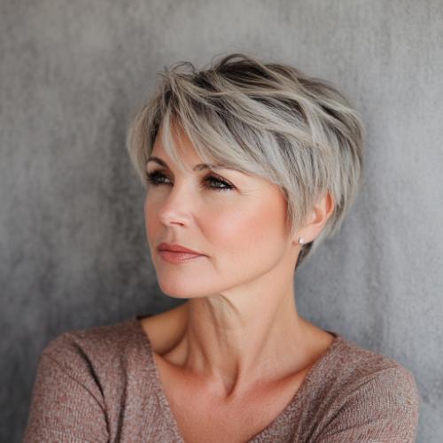 side-swept pixie short hairstyle older woman