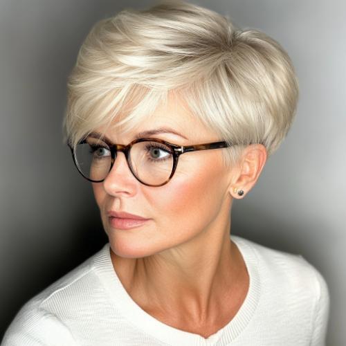 textured pixie with sleek bangs short haircut older woman