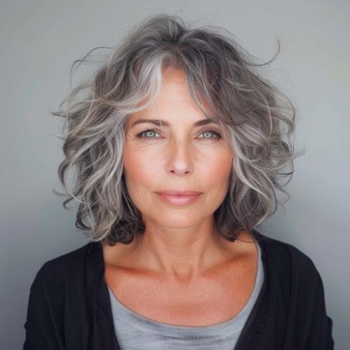 Face-Framing Curly Bob with Bangs Hairstyle for Women over 60