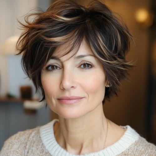 layered short cut with side-swept bangs short haircut older woman