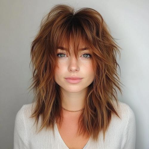 Tousled Shoulder-Length Layers with Playful Bangs