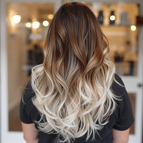 warm chocolate brown hair with platinum highlighted ombre ends