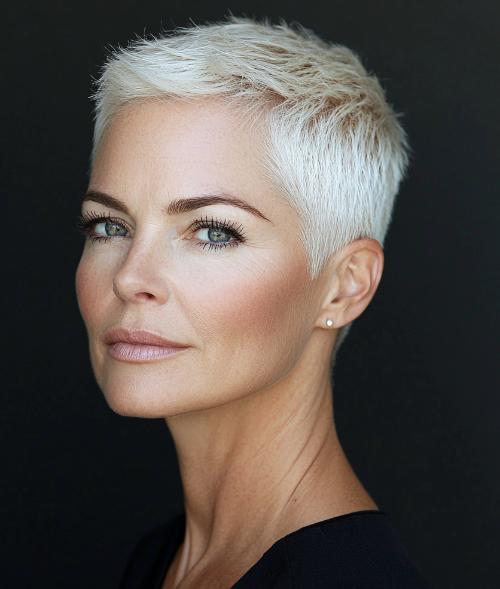 platinum blonde buzz cut short hairstyle older woman