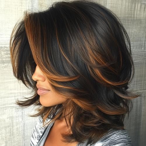 Medium Layered Lob with Caramel Balayage