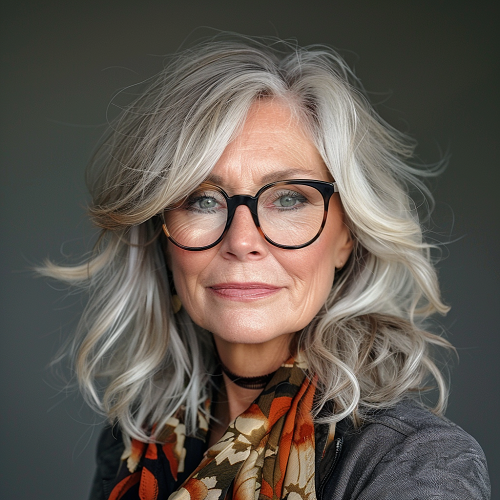 Silver Gray Bob on a Woman Over 60  with Glasses