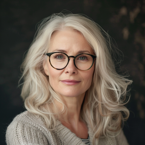 Long Blonde Flowless Locks  Woman Over 60  with Glasses