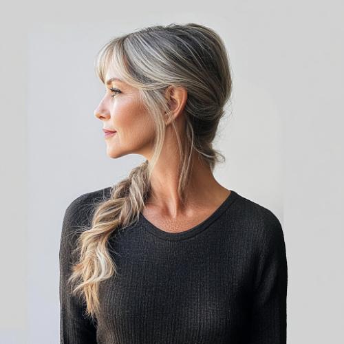 Low textured side ponytail for a woman over 50 with gray hair