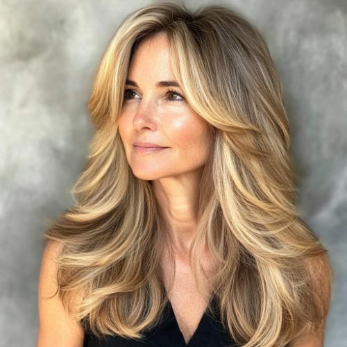 Golden layered balayage hairstyle for women over 60