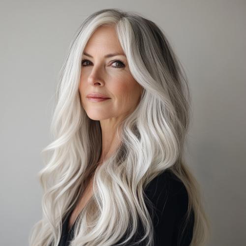 Long platinum ash waves for women over 60