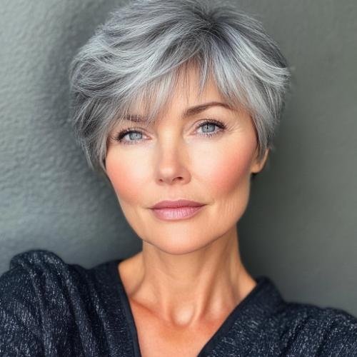 gray hairstyle older woman over 50 pixie bangs fringe