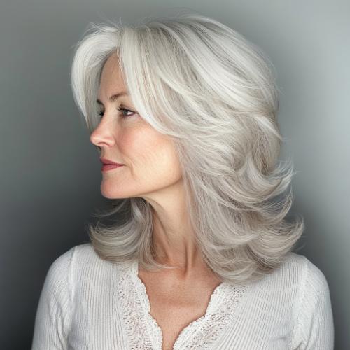 gray haircut older woman feathered silver layered