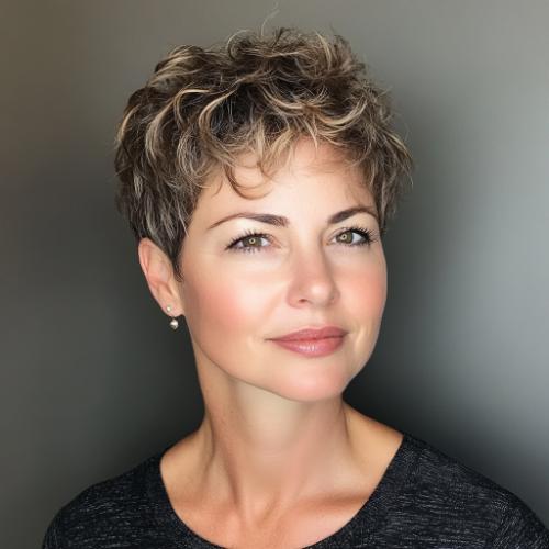 Curly Pixie haircut for woman over 40 with fine hair