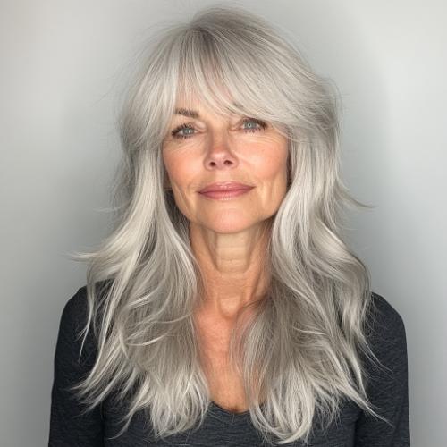 Long shaggy layers with bangs for women over 60