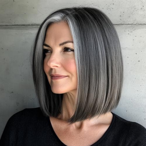 gray hairstyle older woman over 50 dark long bob