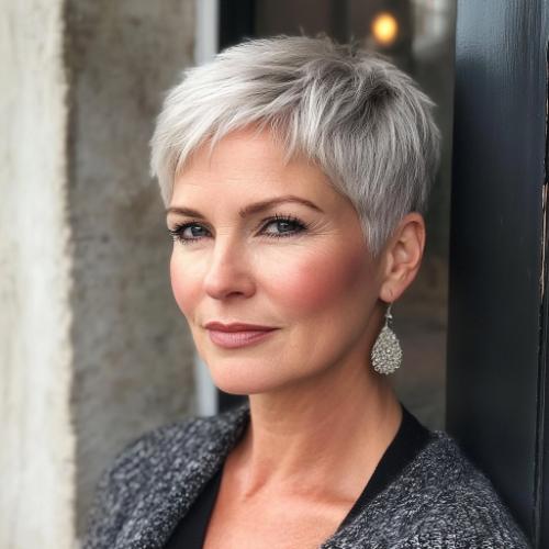 gray hairstyle older woman over 50 short silver pixie