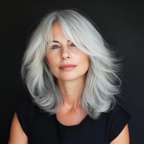 gray hairstyle over 50 shoulder-length silver