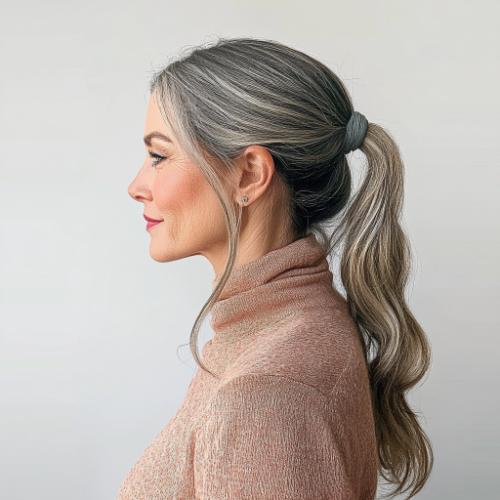 Sleek high ponytail for an older woman with gray hair